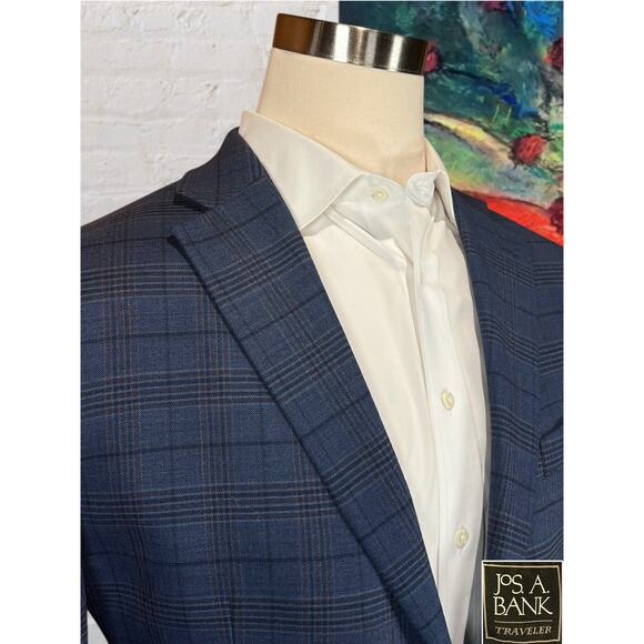 Jos A Bank Traveler Mens 44R Blue Burgundy Plaid Casual Sport Coat Blazer - Picture 5 of 14